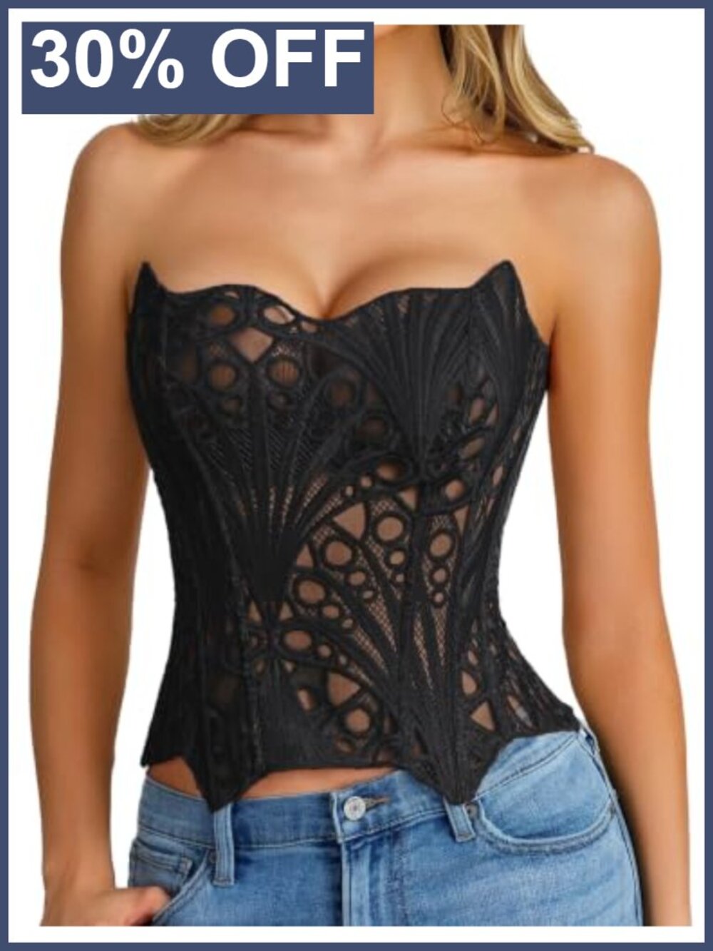 Women's Boned Lace-Up Bustier Corset Strapless Overbust Lingerie Top